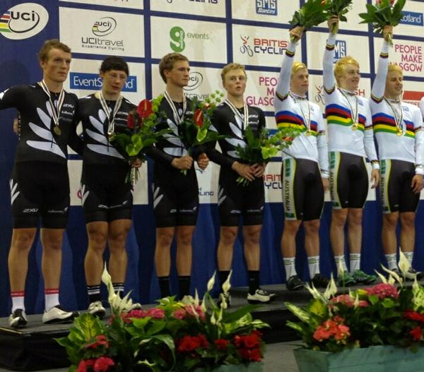 The New Zealand team pursuit combination on the podium in Glasgow.
